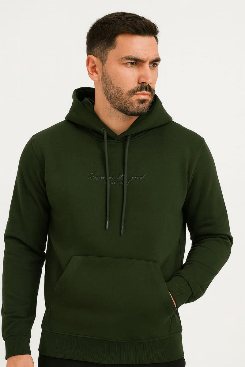 Ön Yazı Baskılı Uzun Kollu Pamuk Karışımlı Kanguru Cepli  Kapşon 762