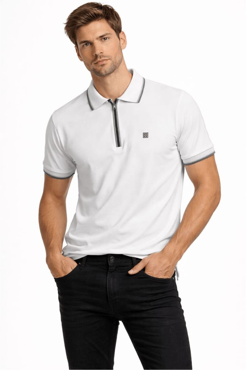 Polo Yakalı Yarım Fermuarlı Erkek Tişört – Petek Dokulu Kısa Kollu Modern Kesim Yazlık Rahat Şık Erkek Tshirt 23-10460 BEYAZ