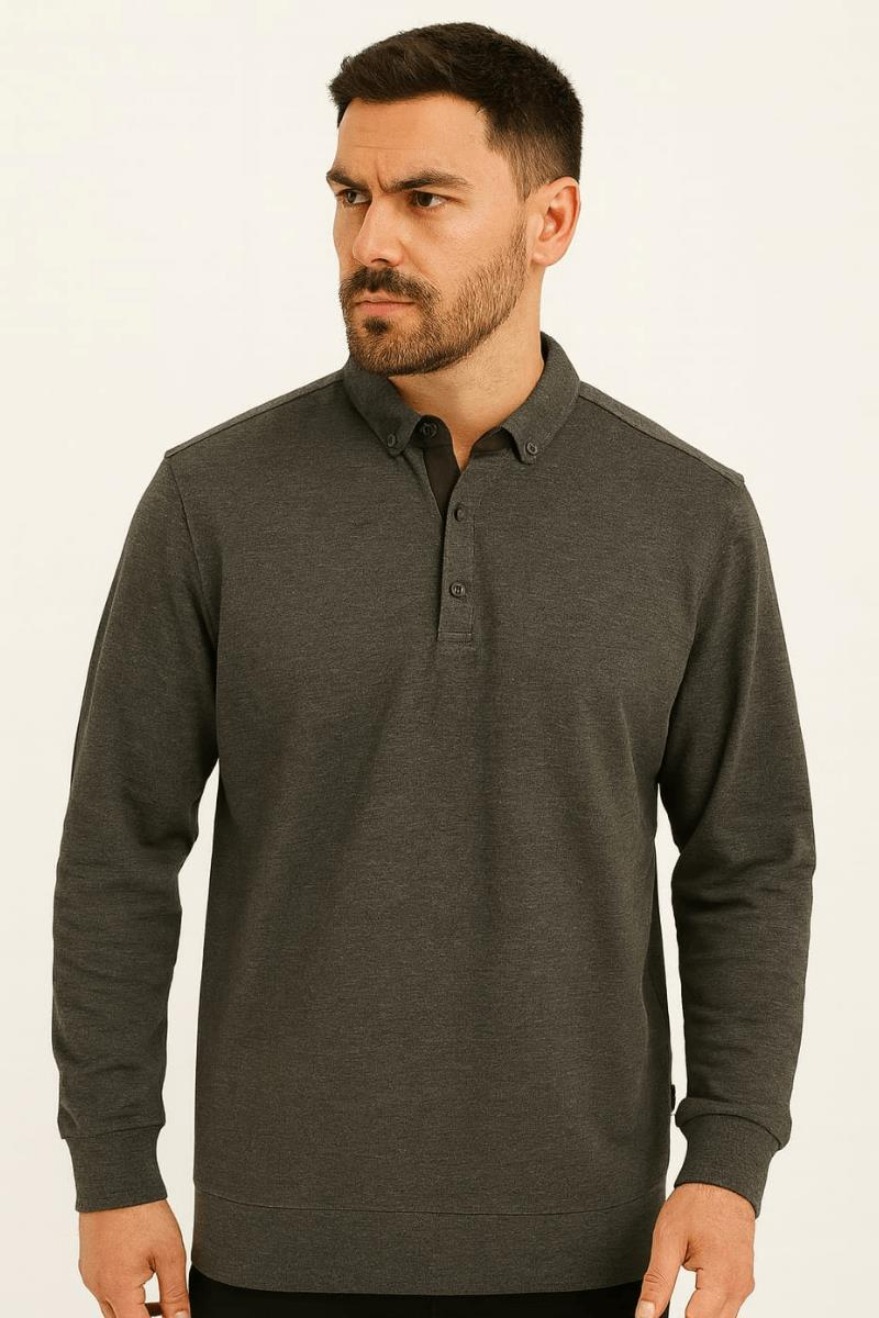 Yarım Düğmeli Uzun Kollu Pamuk Karışımlı Rahat  Vücudu Sarar  Erkek Polo Yaka Jakar Kazak  612