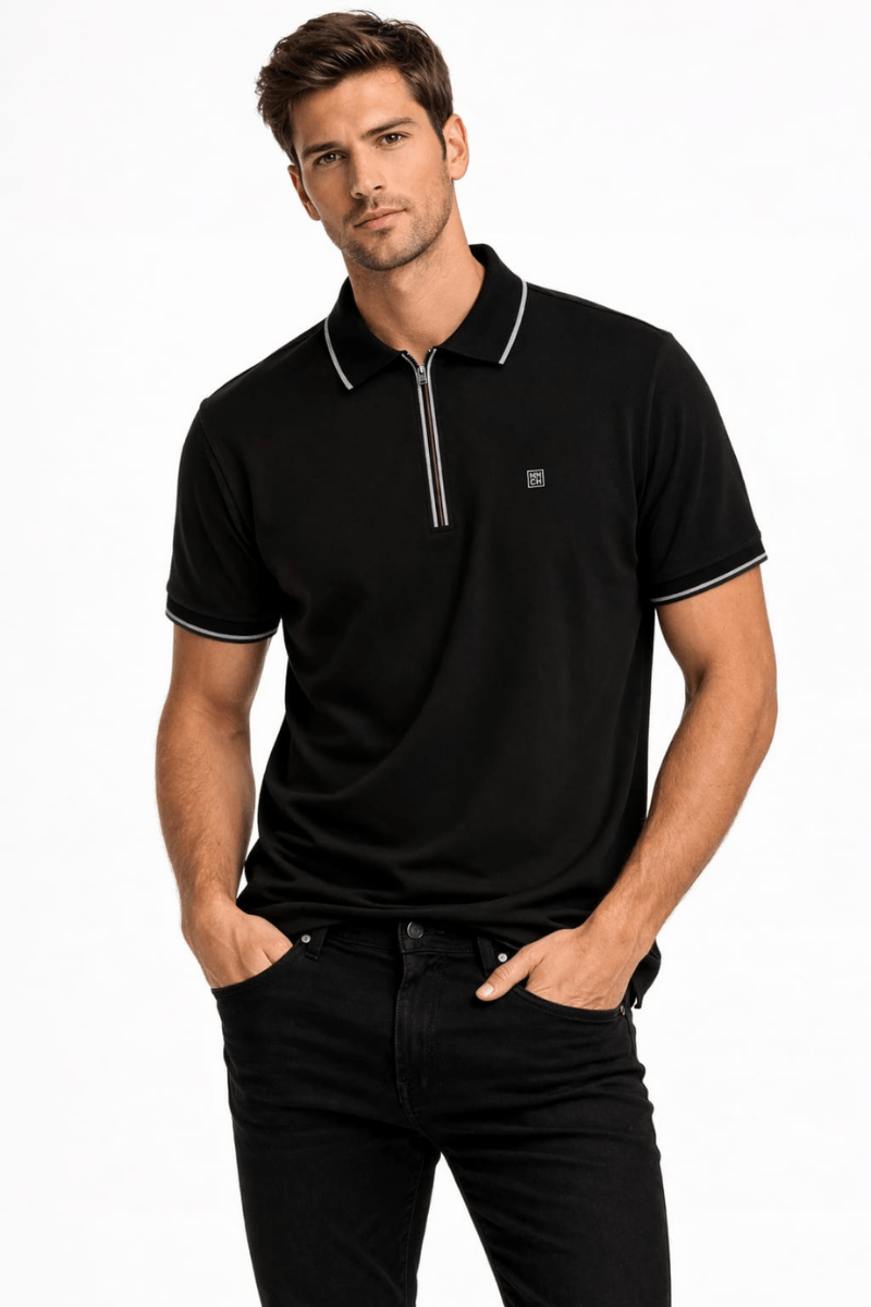 Polo Yakalı Yarım Fermuarlı  Petek Dokulu Kısa Kollu Modern Kesim  Erkek Tişört 23-10460 LACİVERT
