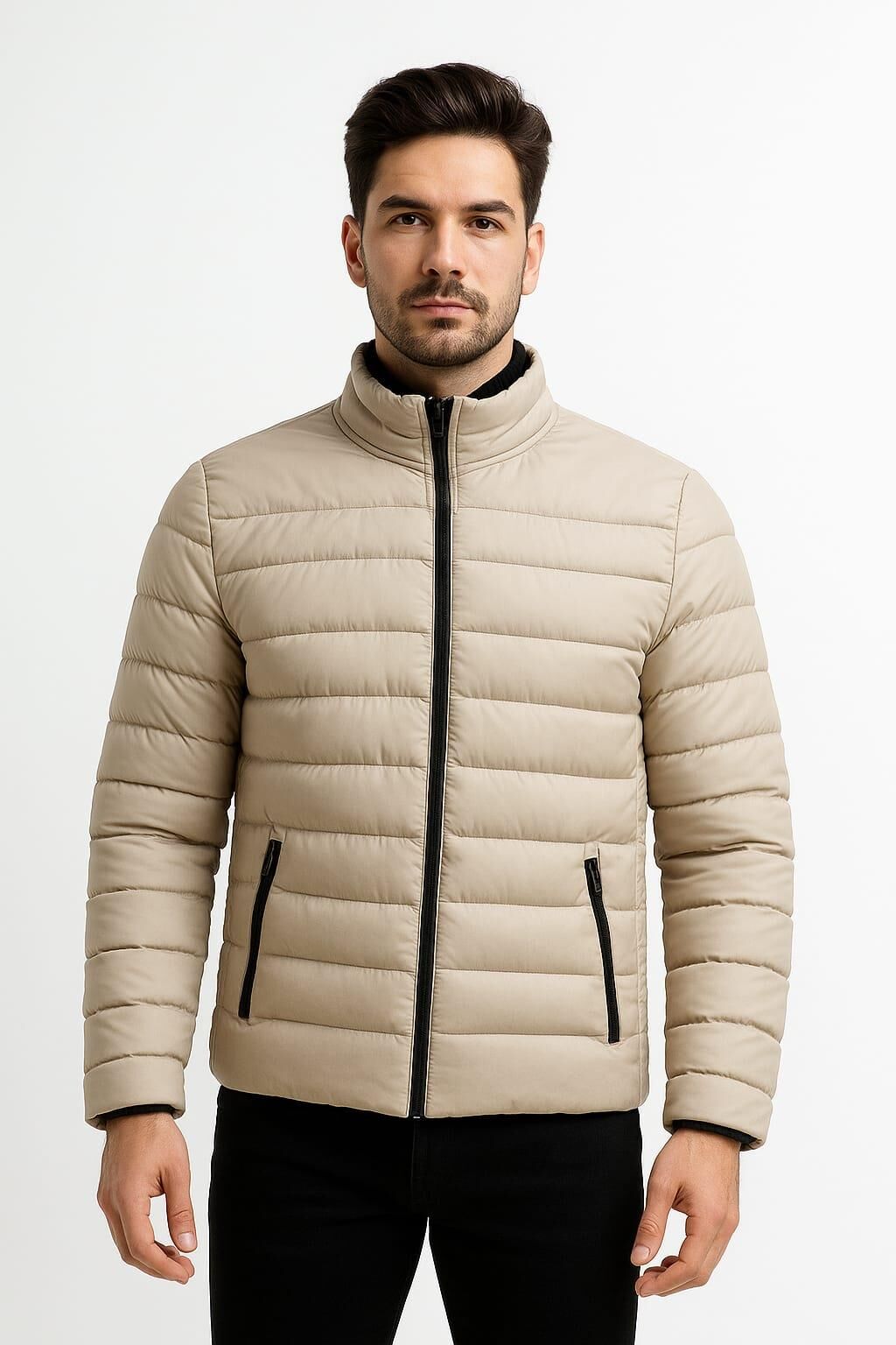 Erkek Uzun Kollu Yandan Cepli İç Cepli Fermuarlı Şapkasız  Armürlü Spor Kesim Kışlık Şişme Mont 4648