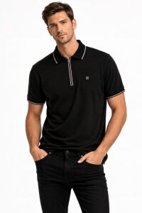 Polo Yakalı Yarım Fermuarlı  Petek Dokulu Kısa Kollu Modern Kesim  Erkek Tişört 23-10460 LACİVERT LACİVERT - M
