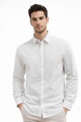Erkek Keten Gömlek Uzun Kollu Düğmeli – Regular Kesim Şık ve Nefes Alan Rahat Gömlek BEYAZ