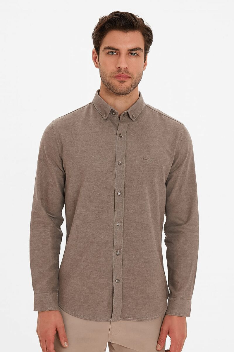 Kalın Ve Rahat Uzun Kollu Düğme Kapamalı Şık Erkek Gömlek 684 VİZON
