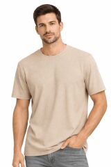 Erkek Bisiklet Yaka Çizgi Detaylı Tişört – Pamuk Karışımlı Rahat Kalıp Şık ve Günlük T-Shirt BEJ