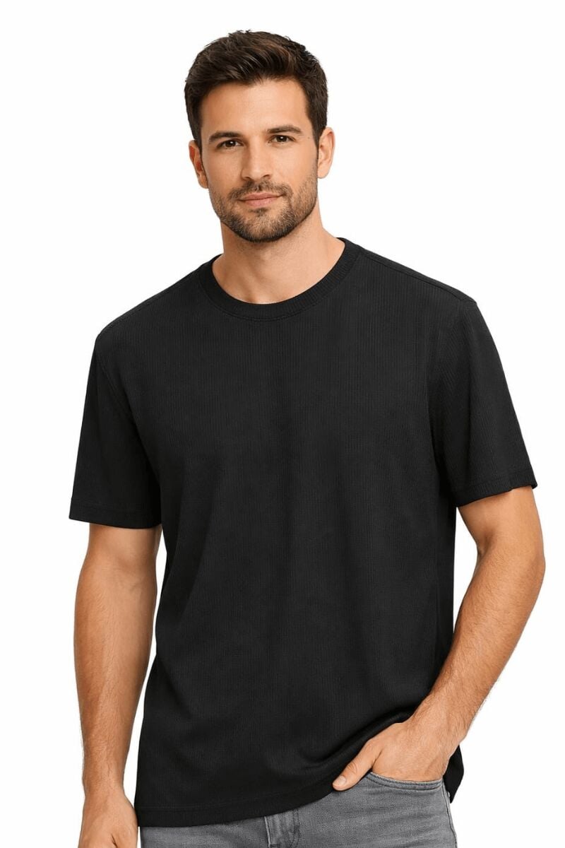 Erkek Bisiklet Yaka Çizgi Detaylı Tişört – Pamuk Karışımlı Rahat Kalıp Şık ve Günlük T-Shirt SİYAH