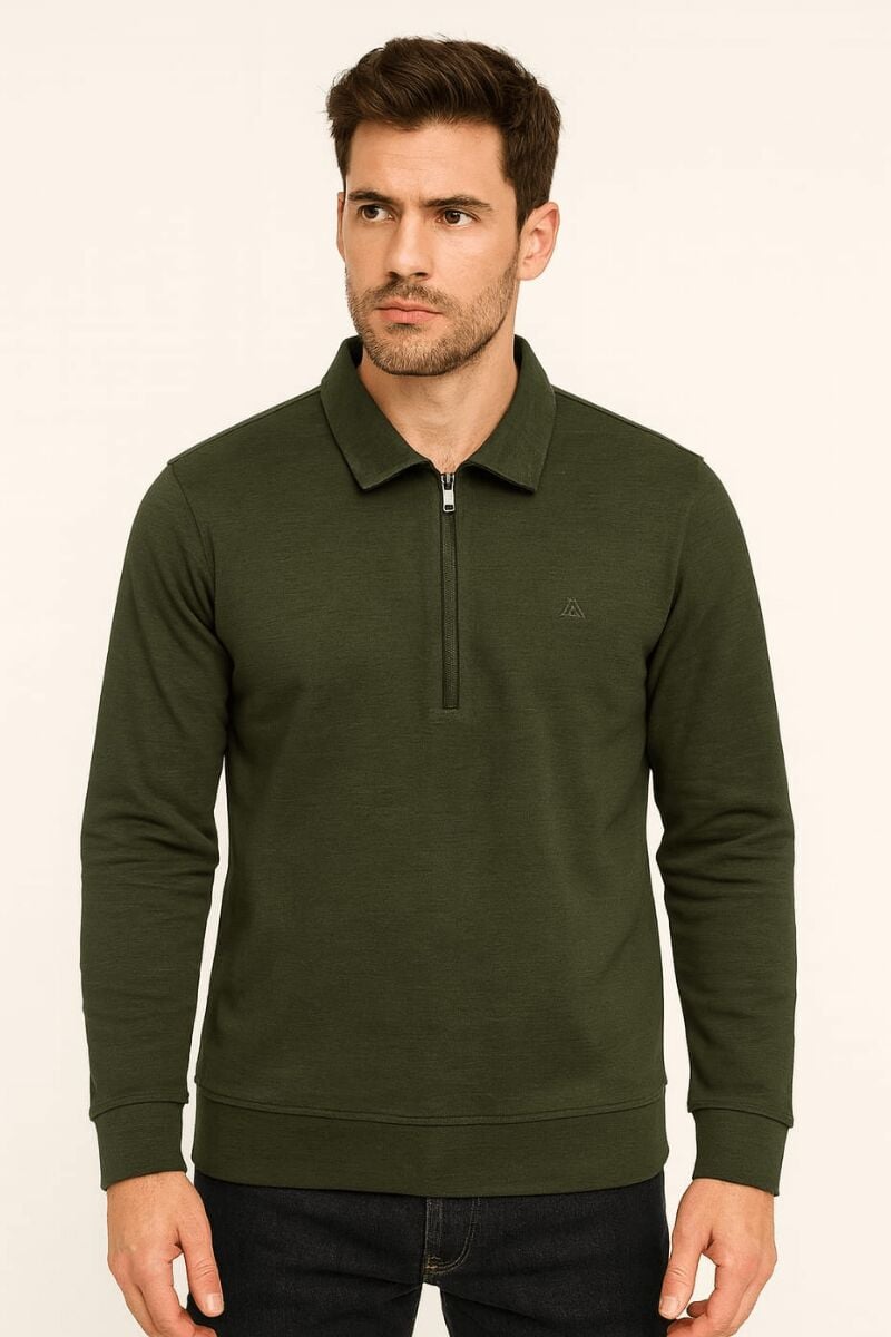 Erkek Polo Yaka Sweatshirt Uzun Kollu Yarım Fermuarlı – Pamuk Karışımlı Regular Fit Rahat Sweat 683 HAKİ