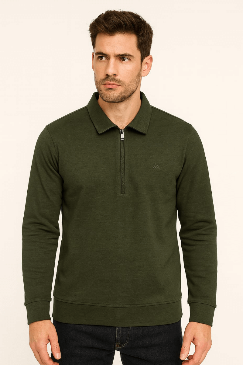 Polo Yaka  Uzun Kollu Yarım Fermuarlı Pamuk Karışımlı Regular Kesim Erkek Sweatshirt 683 HAKİ HAKİ - XXL