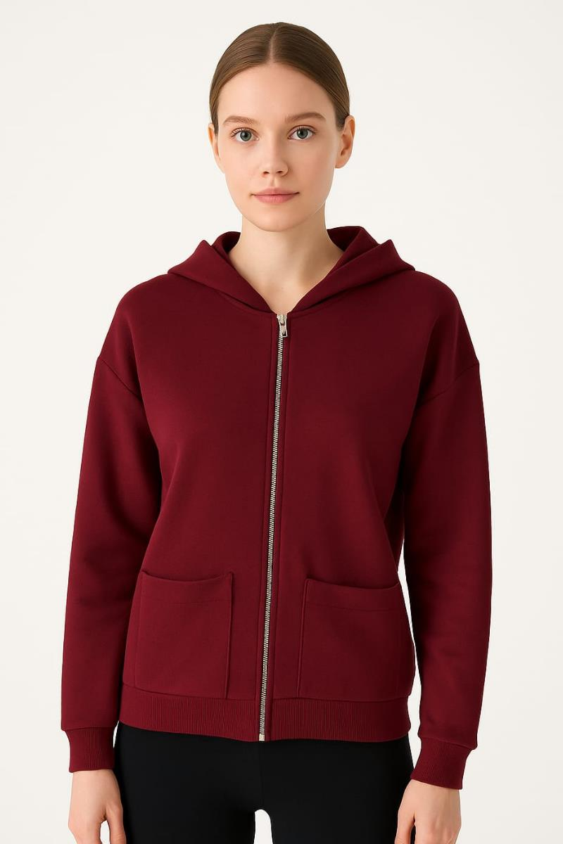 Fermuar Detaylı Yandan Cepli Kapşonlu Hırka