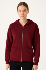 Fermuar Detaylı Yandan Cepli Kapşonlu Hırka