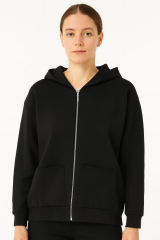 Fermuar Detaylı Yandan Cepli Kapşonlu Hırka