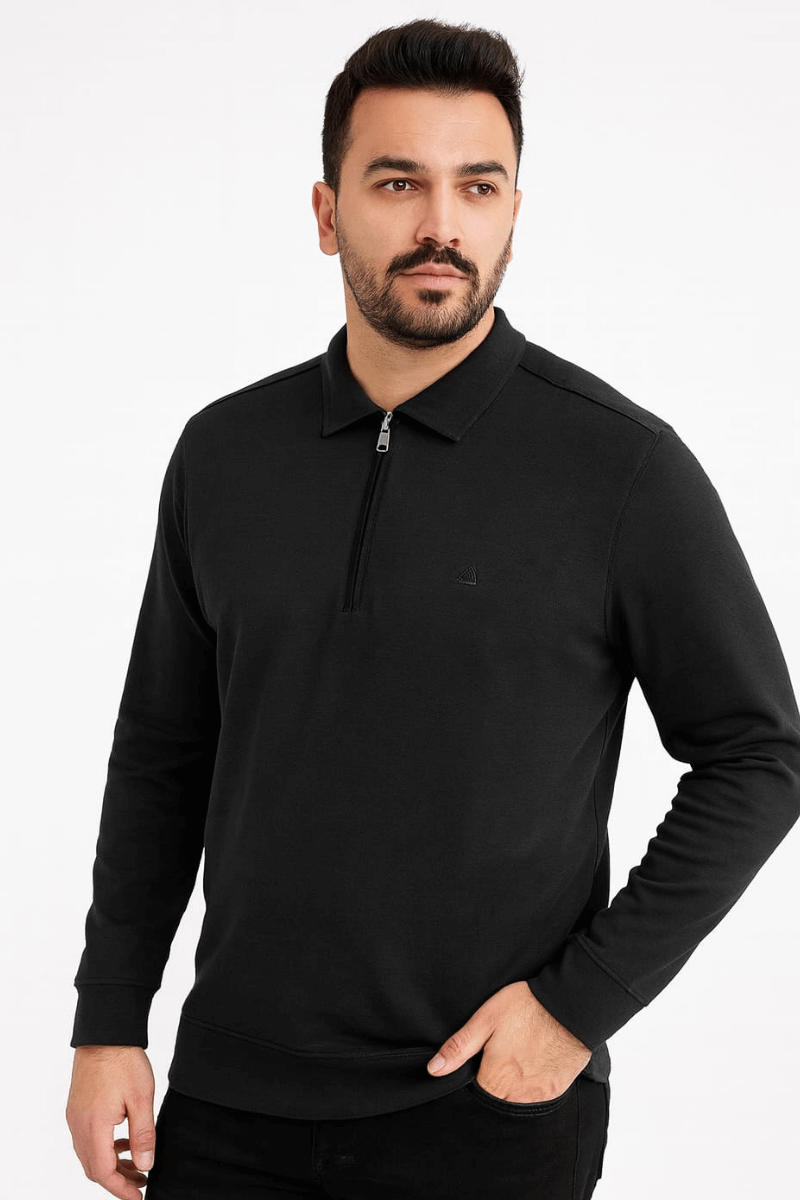 Polo Yaka  Uzun Kollu Yarım Fermuarlı Pamuk Karışımlı Regular Kesim Erkek Sweatshirt 683 SİYAH SİYAH - XL