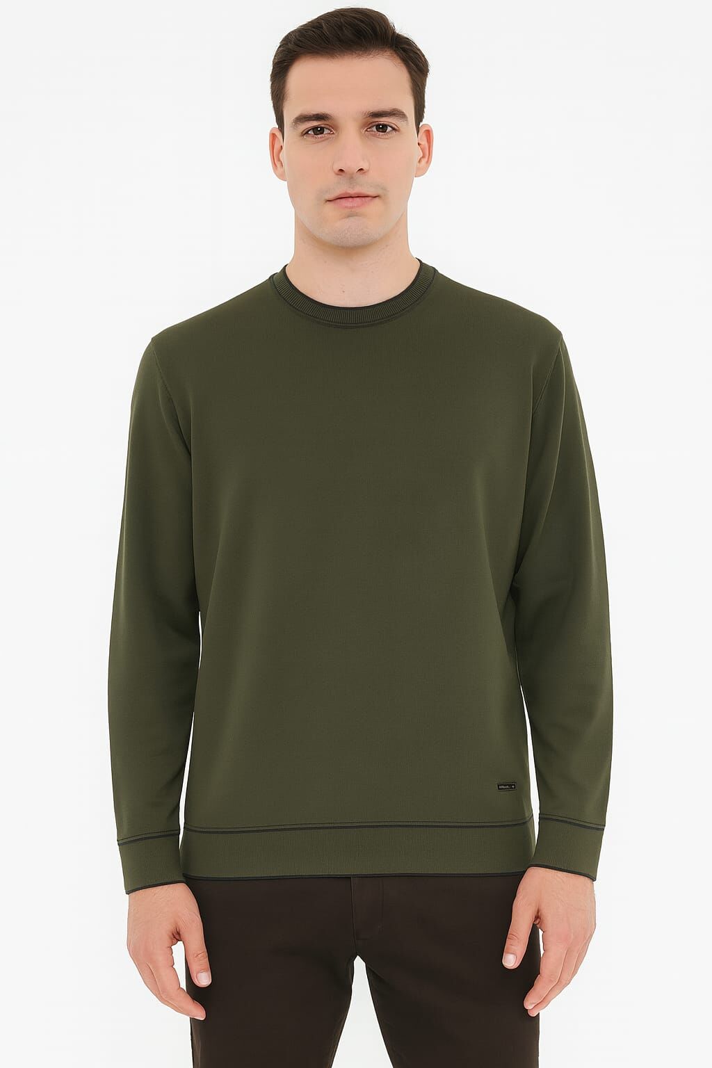 Triko Bisiklet Yaka Çizgi Detaylı Uzun Kollu Erkek Sweatshirt Günlük Kombinlere Uygun 5133 HAKİ