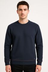Triko Bisiklet Yaka Çizgi Detaylı Uzun Kollu Erkek Sweatshirt Günlük Kombinlere Uygun 5133 LACİVERT