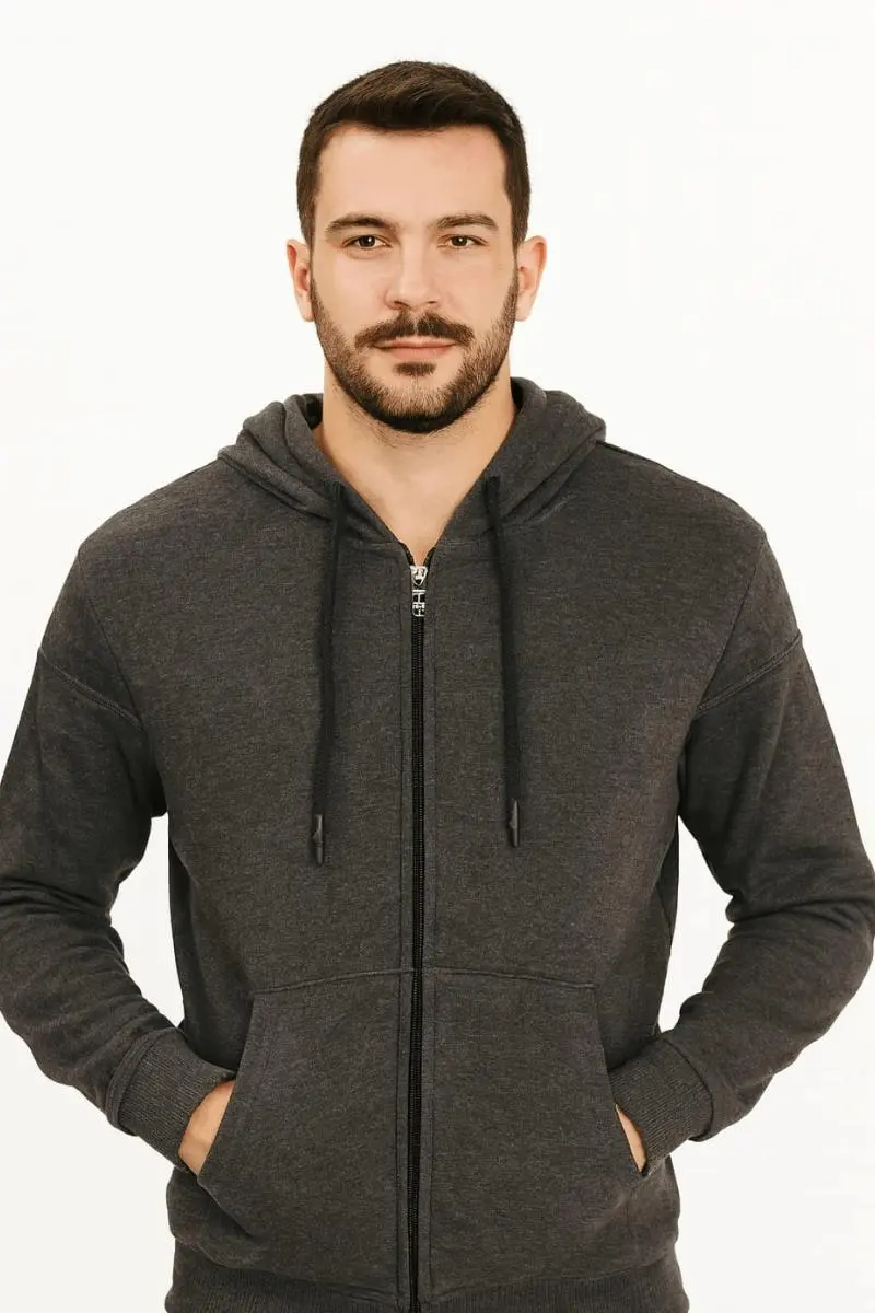 Uzun Kollu Pamuk Karışımlı Yandan Cepli Sıcak Tutan Regulear Kalıp  Şapkalı Fermuarlı Erkek Sweatshirt 5461