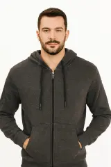 Uzun Kollu Pamuk Karışımlı Yandan Cepli Sıcak Tutan Regulear Kalıp  Şapkalı Fermuarlı Erkek Sweatshirt 5461