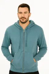 Uzun Kollu Pamuk Karışımlı Yandan Cepli Sıcak Tutan Regulear Kalıp  Şapkalı Fermuarlı Erkek Sweatshirt 5461