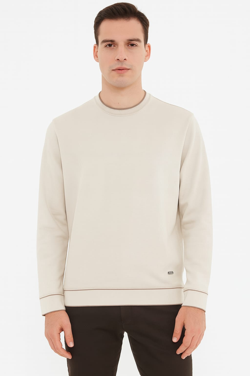 Bisiklet Yaka Çizgi Detaylı Uzun Kollu Erkek Triko Sweatshirt 5133 TAŞ TAŞ - S