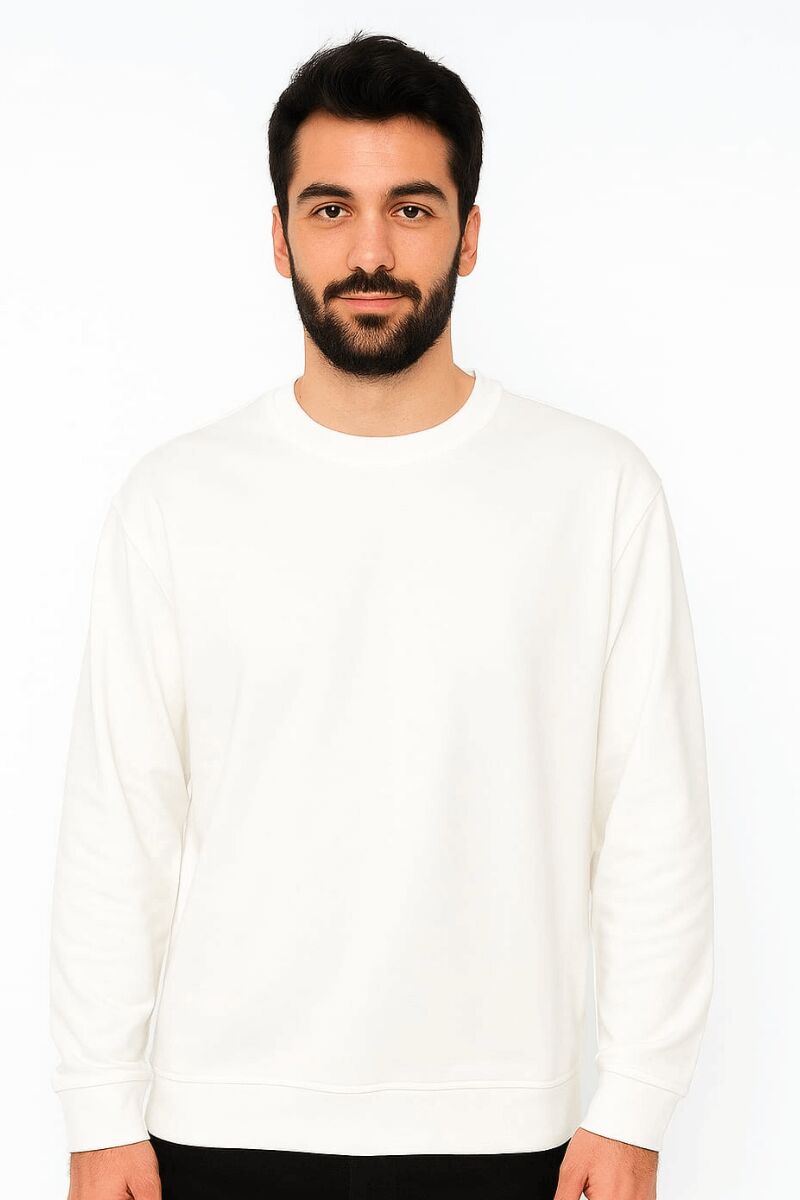Erkek Sweatshirt Bisiklet Yaka Uzun Kollu Viskon Karışımlı Regular Fit Rahat Sade Şık Günlük Sweat 95256-27 BEYAZ