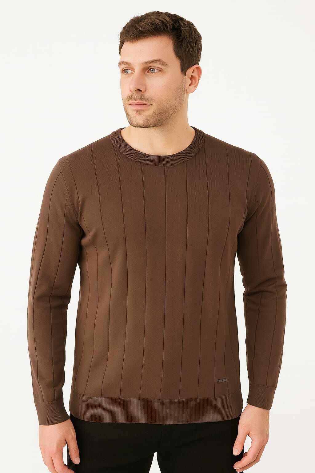 Triko Bisiklet Yaka Çizgi Detaylı Polyester Kumaş Erkek İnce Kazak   5132 KAHVERENGİ