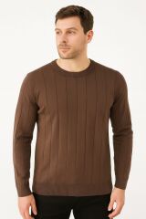 Triko Bisiklet Yaka Çizgi Detaylı Polyester Kumaş Erkek İnce Kazak   5132 KAHVERENGİ