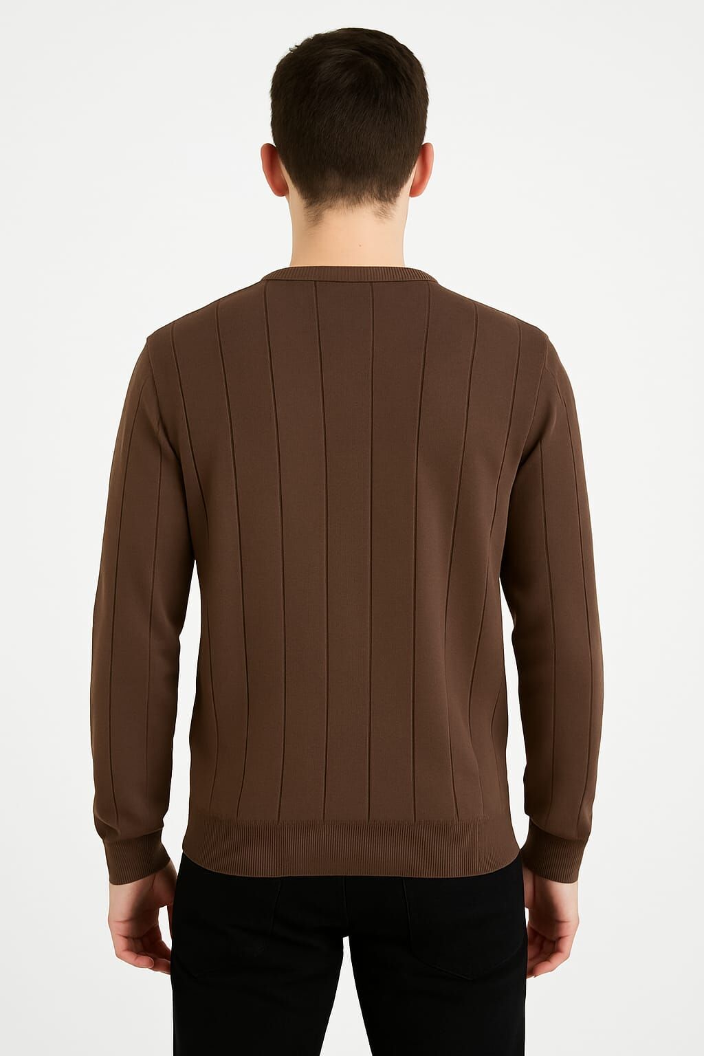 Triko Bisiklet Yaka Çizgi Detaylı Polyester Kumaş Erkek İnce Kazak   5132 KAHVERENGİ