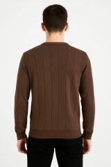 Triko Bisiklet Yaka Çizgi Detaylı Polyester Kumaş Erkek İnce Kazak   5132 KAHVERENGİ