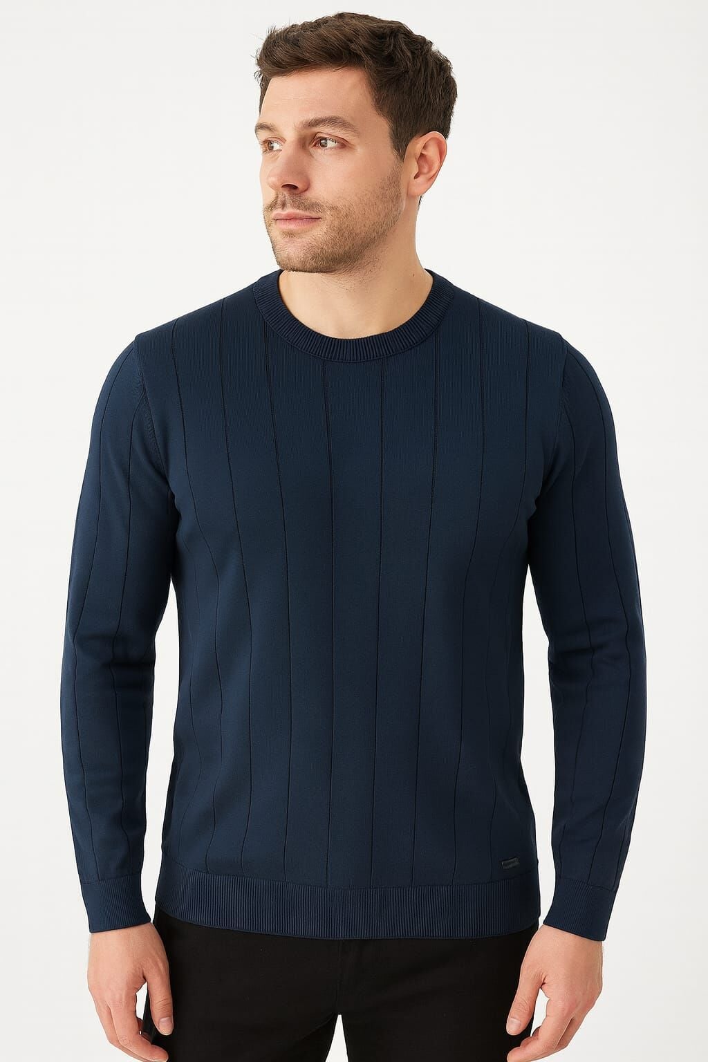 Triko Bisiklet Yaka Çizgi Detaylı Polyester Kumaş Erkek İnce Kazak   5132 LACİVERT