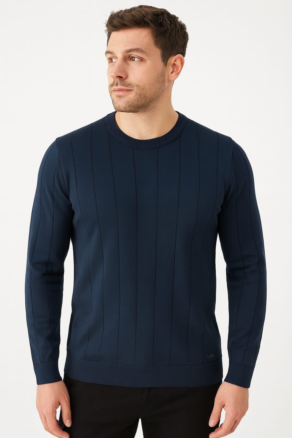 Triko Bisiklet Yaka Çizgi Detaylı Polyester Kumaş Erkek İnce Kazak   5132 LACİVERT