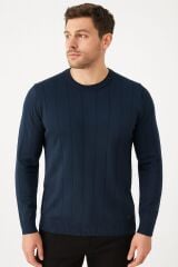Triko Bisiklet Yaka Çizgi Detaylı Polyester Kumaş Erkek İnce Kazak   5132 LACİVERT