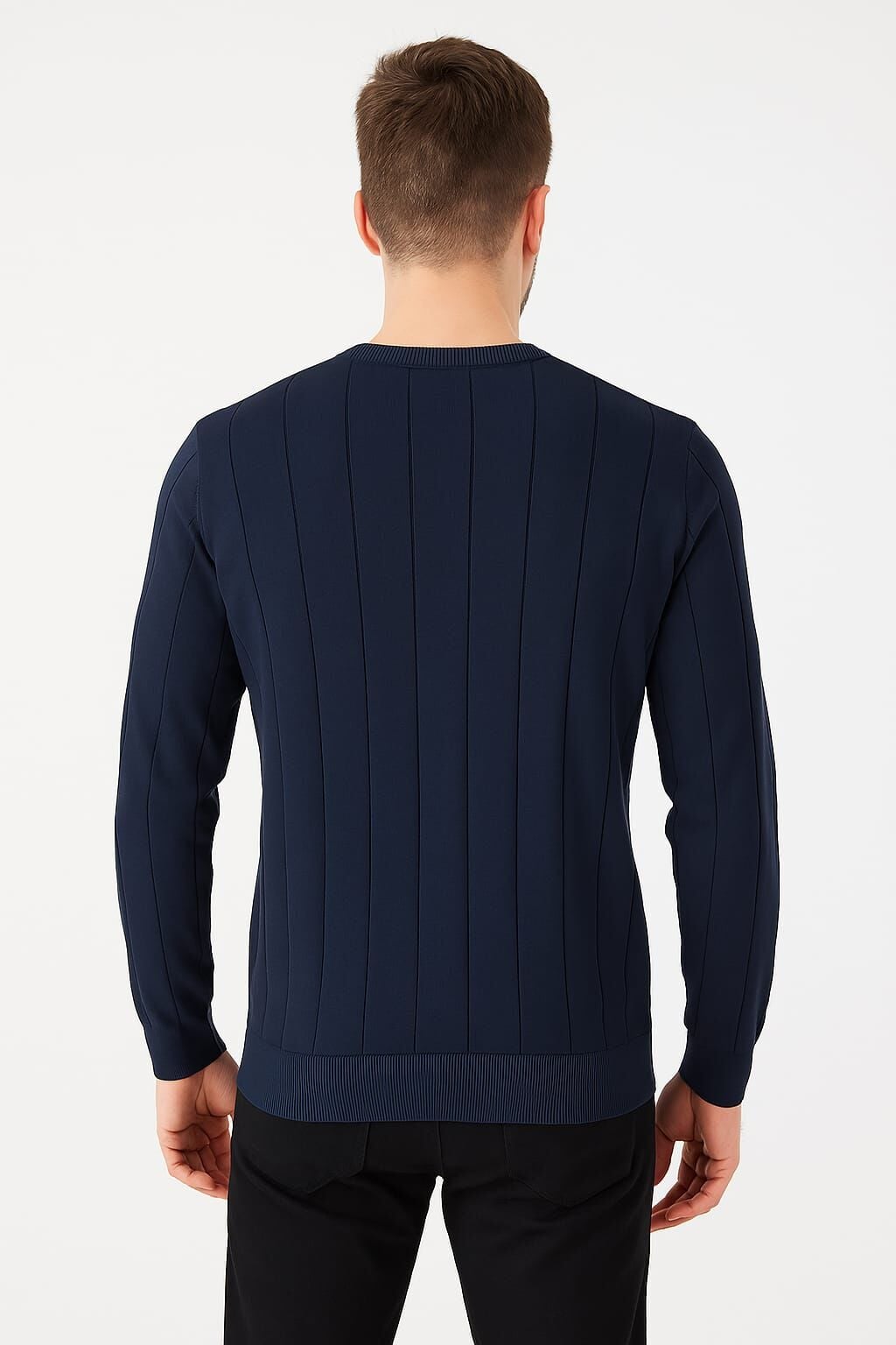 Triko Bisiklet Yaka Çizgi Detaylı Polyester Kumaş Erkek İnce Kazak   5132 LACİVERT