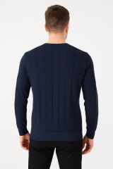 Triko Bisiklet Yaka Çizgi Detaylı Polyester Kumaş Erkek İnce Kazak   5132 LACİVERT