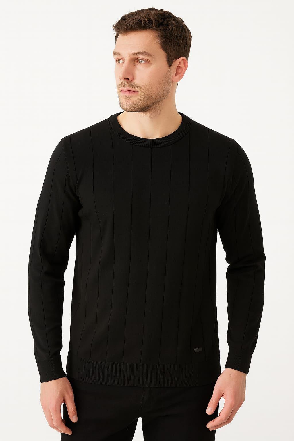 Triko Bisiklet Yaka Çizgi Detaylı Polyester Kumaş Erkek İnce Kazak   5132 SİYAH