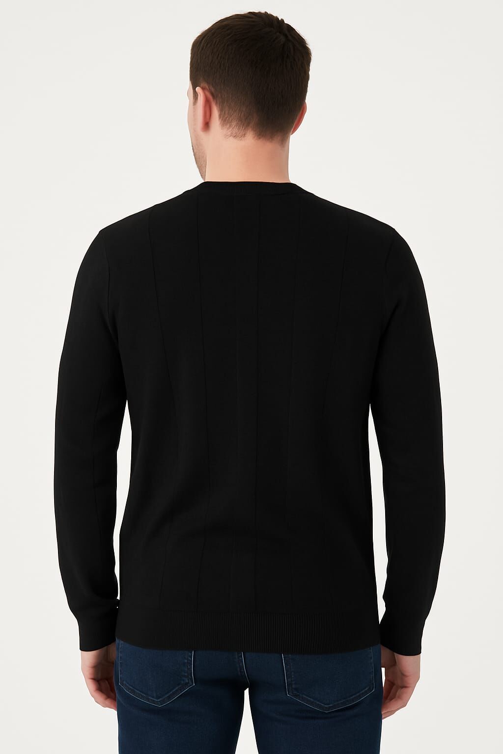 Triko Bisiklet Yaka Çizgi Detaylı Polyester Kumaş Erkek İnce Kazak   5132 SİYAH