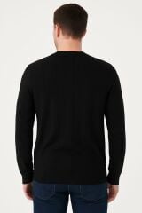 Triko Bisiklet Yaka Çizgi Detaylı Polyester Kumaş Erkek İnce Kazak   5132 SİYAH