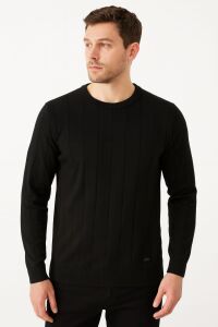Bisiklet Yaka Çizgi Detaylı Polyester Kumaş Erkek Triko Kazak   5132 SİYAH SİYAH - S