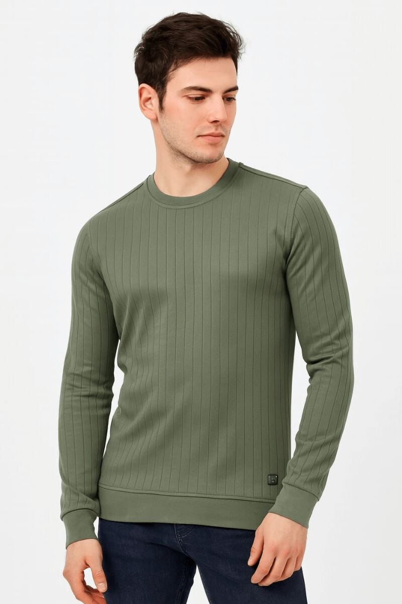 Erkek Sweatshirt Bisiklet Yaka Uzun Kollu Çizgi Detaylı Pamuklu Regular Fit Kalın Sıcak Tutan Günlük Sweat 736 HAKİ