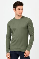 Erkek Sweatshirt Bisiklet Yaka Uzun Kollu Çizgi Detaylı Pamuklu Regular Fit Kalın Sıcak Tutan Günlük Sweat 736 HAKİ