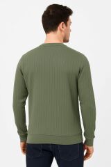 Erkek Sweatshirt Bisiklet Yaka Uzun Kollu Çizgi Detaylı Pamuklu Regular Fit Kalın Sıcak Tutan Günlük Sweat 736 HAKİ