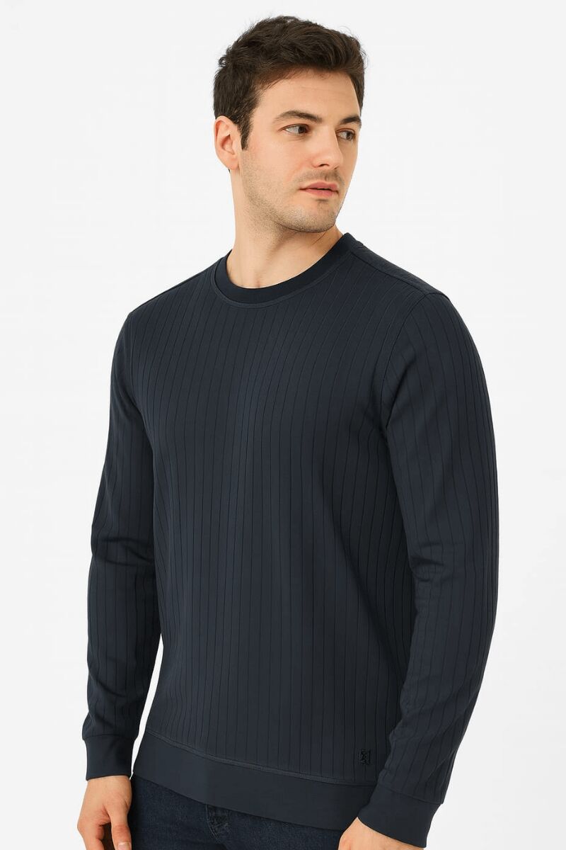 Erkek Sweatshirt Bisiklet Yaka Uzun Kollu Çizgi Detaylı Pamuklu Regular Fit Kalın Sıcak Tutan Günlük Sweat 736 LACİVERT
