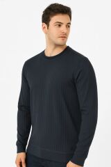 Erkek Sweatshirt Bisiklet Yaka Uzun Kollu Çizgi Detaylı Pamuklu Regular Fit Kalın Sıcak Tutan Günlük Sweat 736 LACİVERT