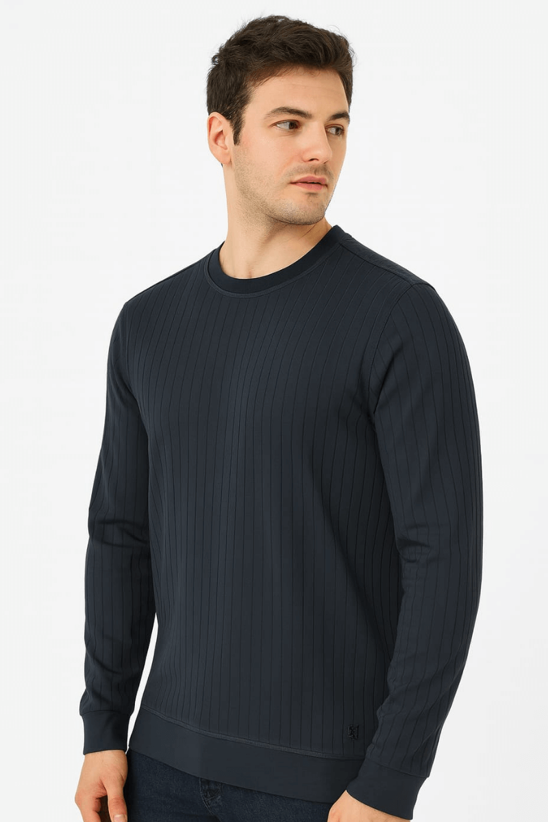 Bisiklet Yaka Uzun Kollu Çizgi Detaylı Pamuklu Regular Kesim Erkek Sweatshirt 736 LACİVERT LACİVERT - S