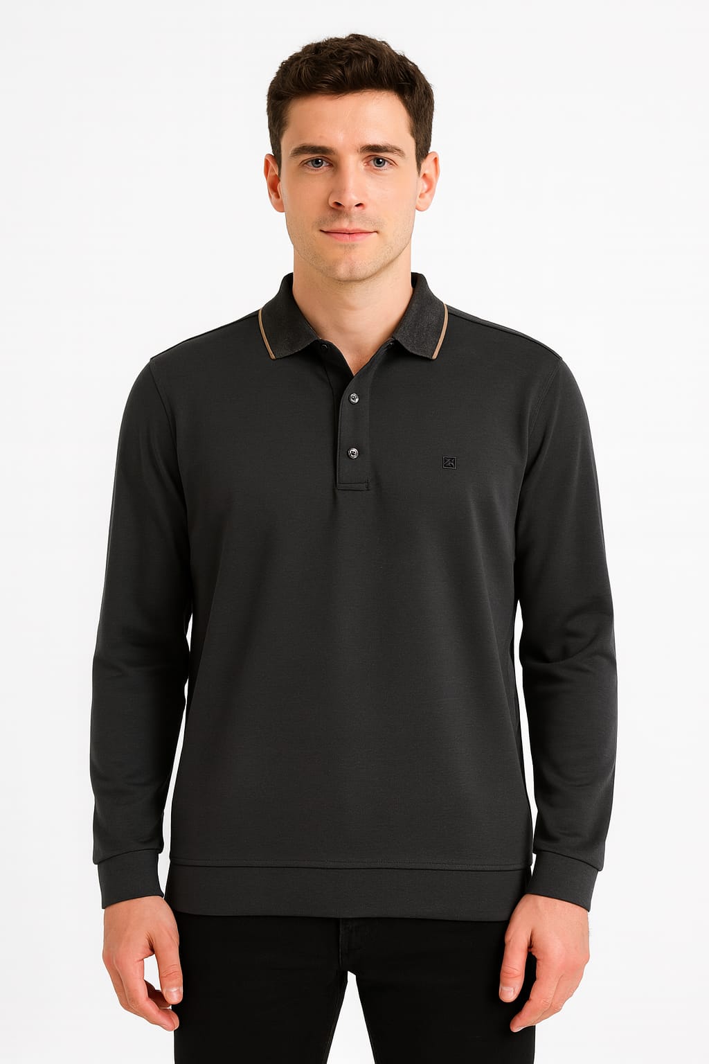 Polo Yaka Yakası Düğmeli Erkek Sweatshirt 758 SİYAH