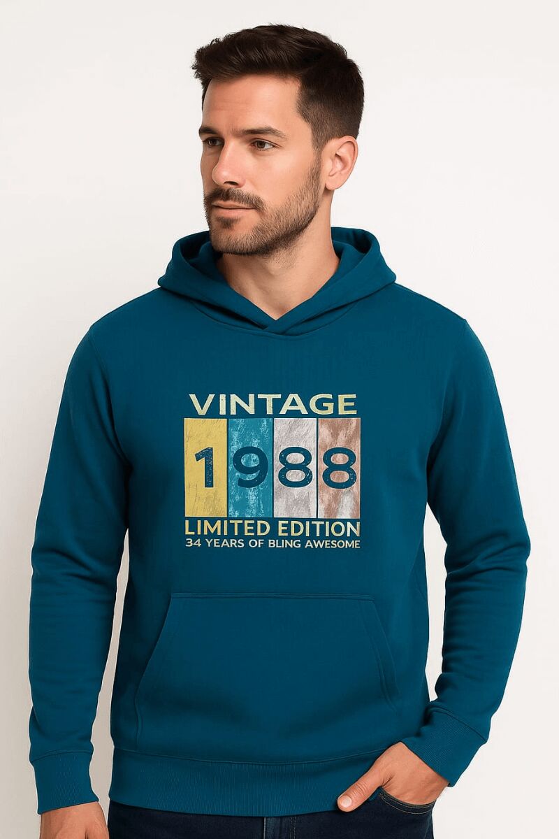 Uzun Kollu Kapşonlu Kanguru Cepli Pamuk Karışımlı Önden Baskılı Erkek Sweatshirt 95102 İNDİGO İNDİGO - XXL