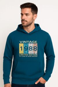 Uzun Kollu Kapşonlu Kanguru Cepli Pamuk Karışımlı Önden Baskılı Erkek Sweatshirt 95102 İNDİGO İNDİGO - L