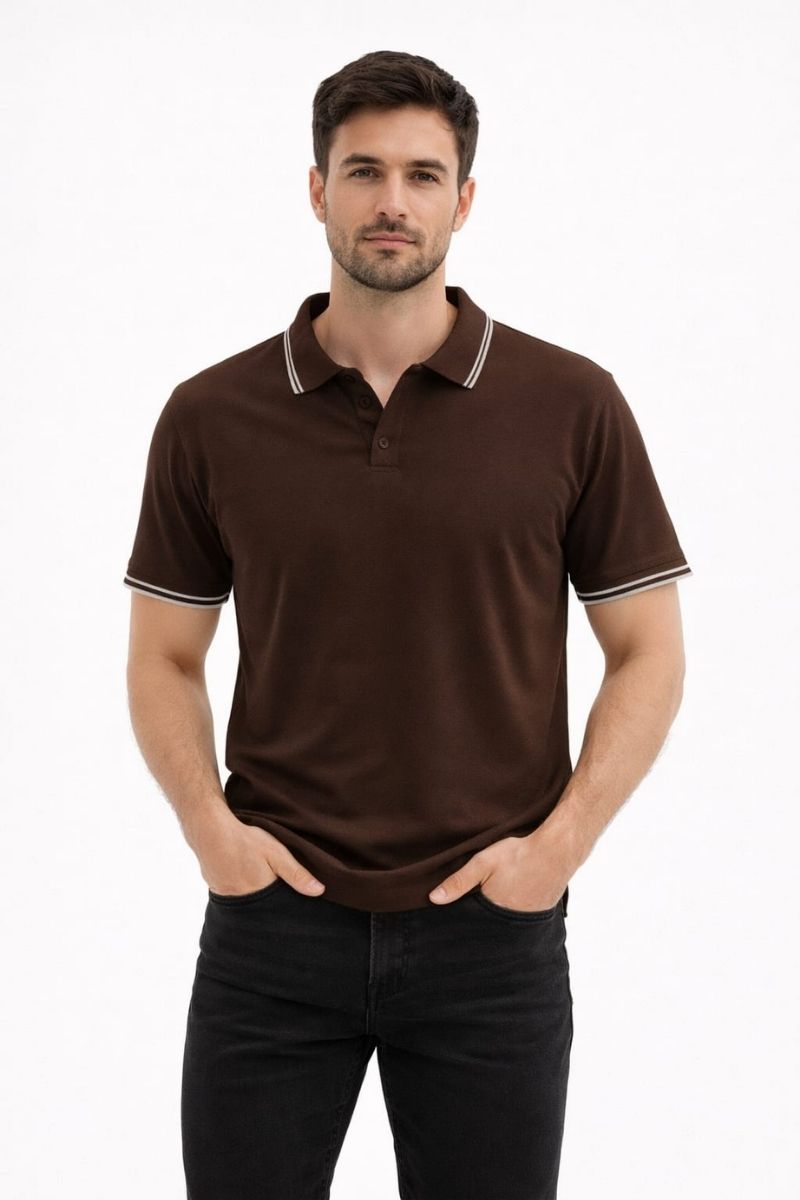Polo Yaka Penye Erkek Tişört 95301 KAHVERENGİ KAHVERENGİ - XXL