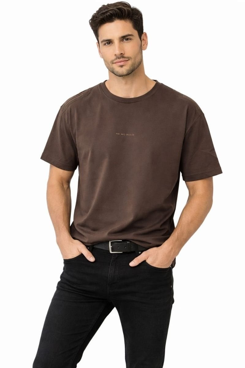 Bisiklet Yaka Erkek T-Shirt Oysho Kumaş İnce Rahat Yazlık Spor Günlük Tişört 95317 KAHVERENGİ