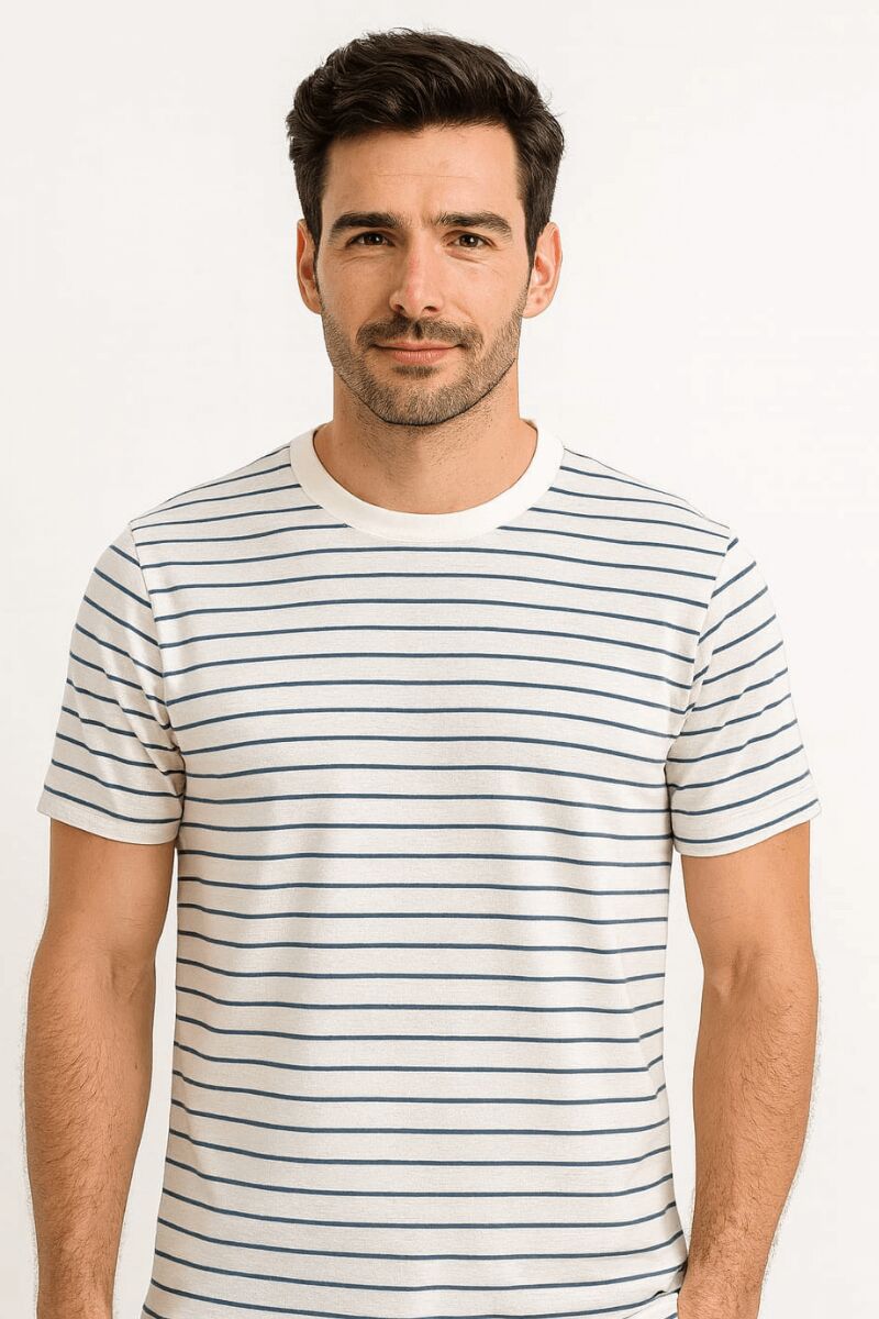 Erkek Bisiklet Yaka Tişört Kısa Kollu Çizgi Detaylı – Rahat ve Şık Günlük T-Shirt 95200 MAVİ