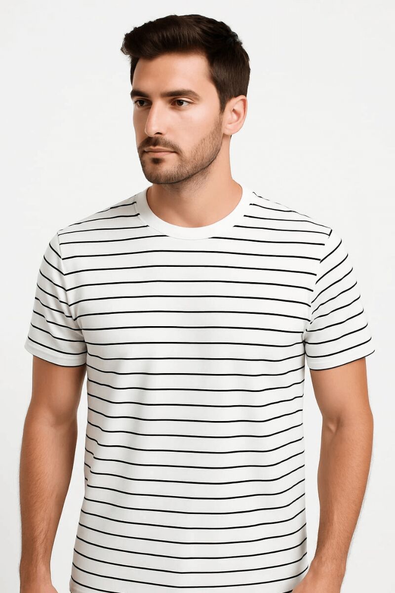 Erkek Bisiklet Yaka Tişört Kısa Kollu Çizgi Detaylı – Rahat ve Şık Günlük T-Shirt 95200 BEYAZ