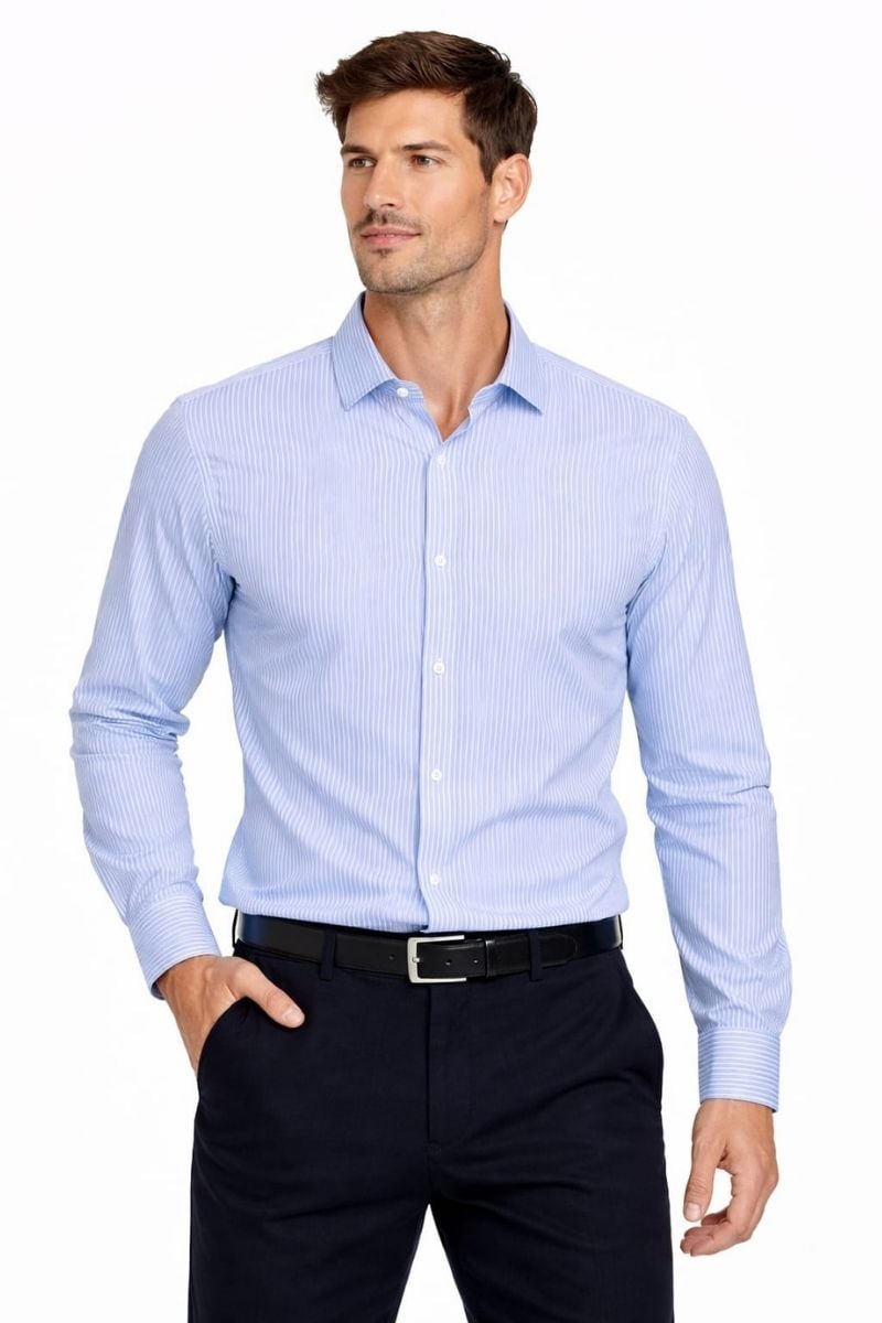 Uzun Kollu Beyaz Lacivert Çizgili Erkek Gömlek – Spor Kesim, Modern ve Şık Günlük & Ofis Gömleği 13-5550 MAVİ